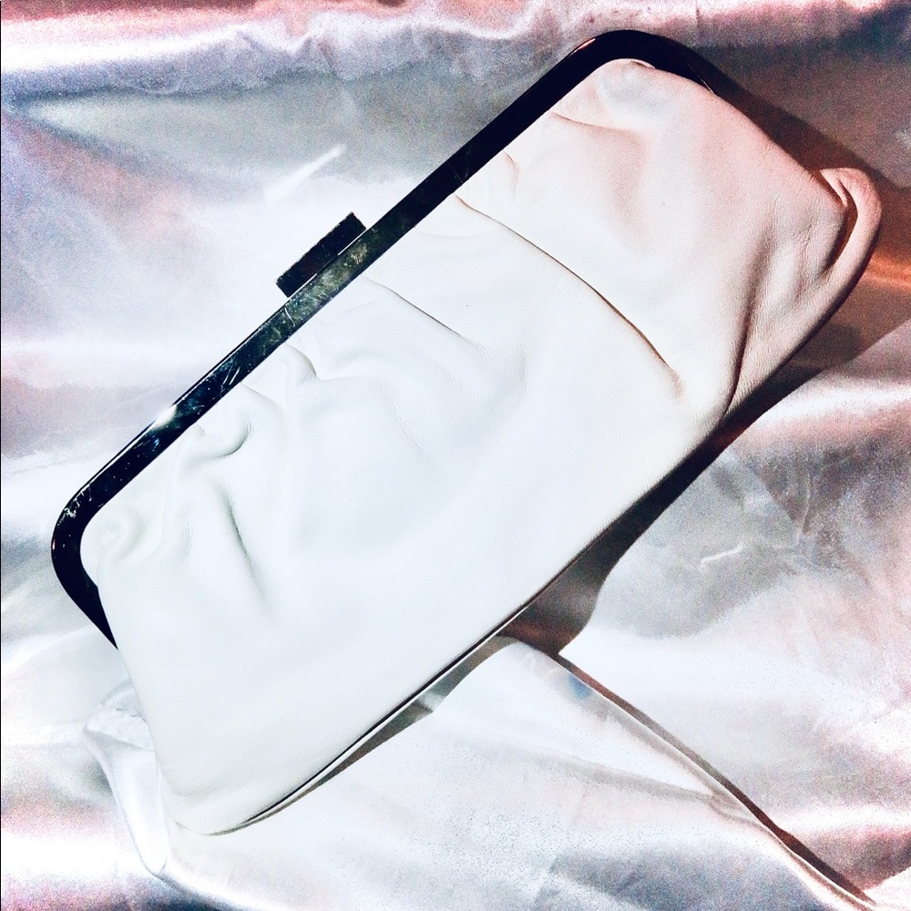Express Framed Pleated Leather White Evening Bridal Clutch Purse Wallet Bag NEW